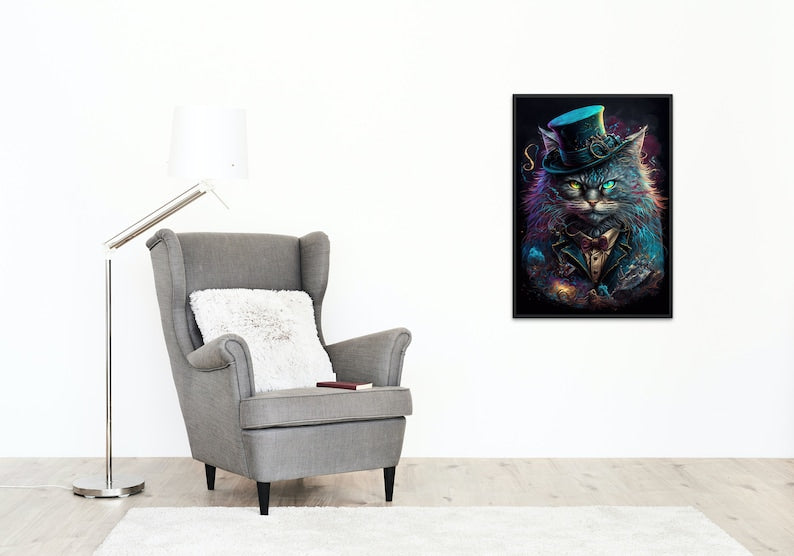 Feline Gentleman Digital Art Print – High-Resolution AI-Generated Wall Art