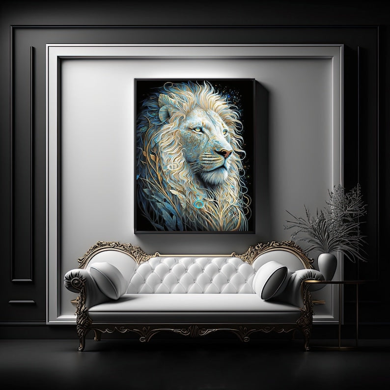 White Lion Digital Art Print – AI-Generated High-Resolution Wall Art for Home Decor