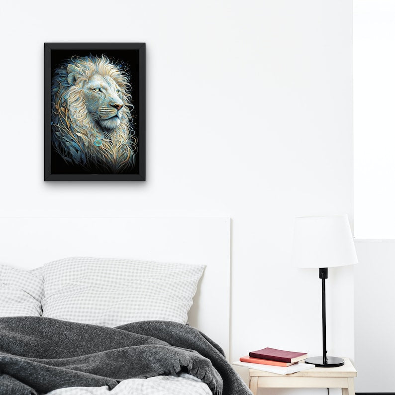 White Lion Digital Art Print – AI-Generated High-Resolution Wall Art for Home Decor