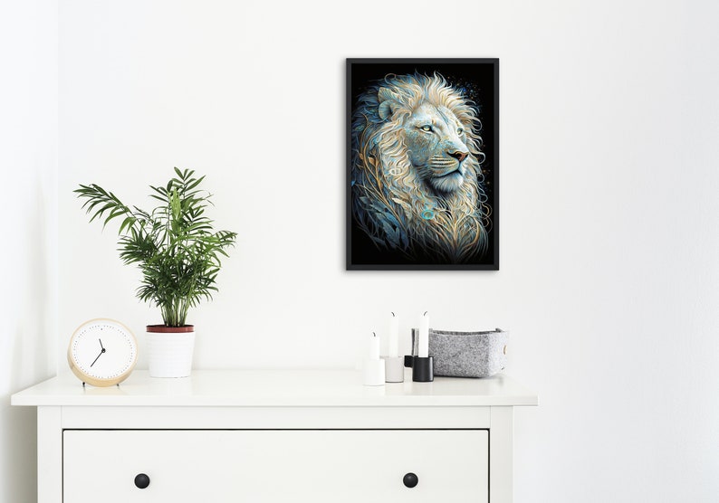 White Lion Digital Art Print – AI-Generated High-Resolution Wall Art for Home Decor