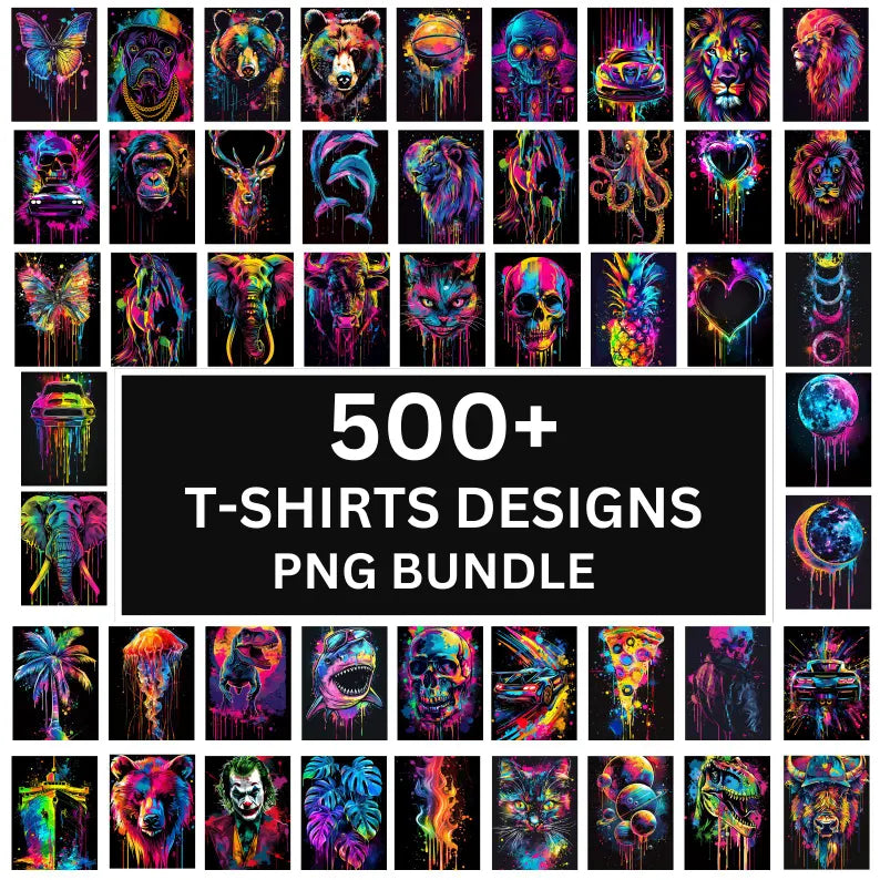 500+ Neon T-Shirt Designs Bundle – Vibrant PNG Graphics for Printing & Merch
