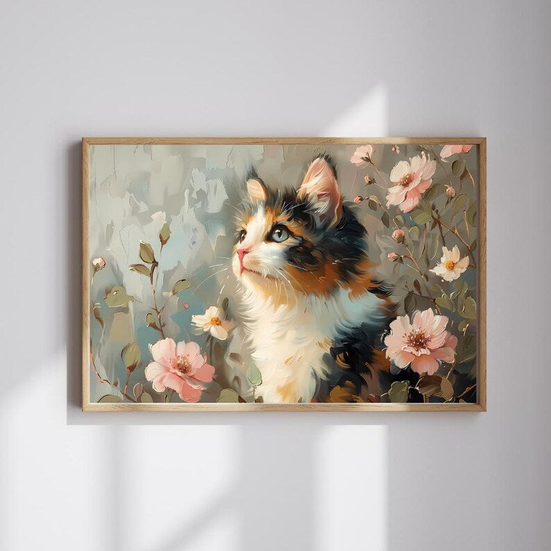 Adorable Cat Oil Painting - Digital Wall Art, Cute Feline Artwork for Home Decor