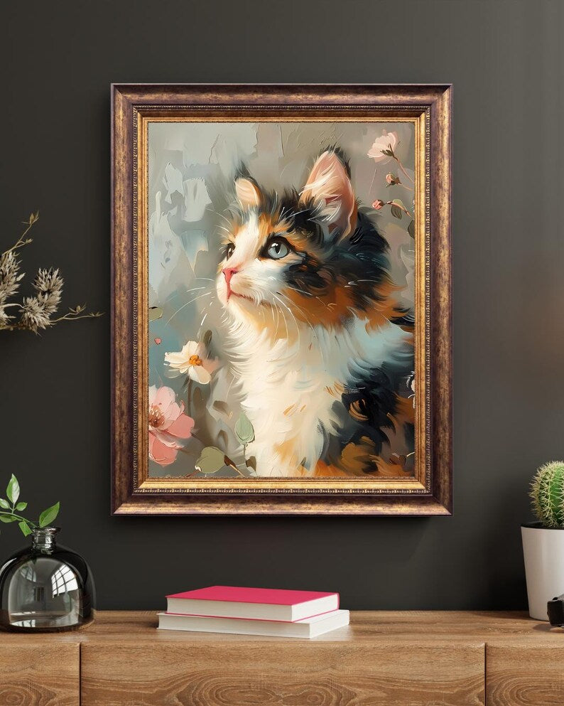 Adorable Cat Oil Painting - Digital Wall Art, Cute Feline Artwork for Home Decor