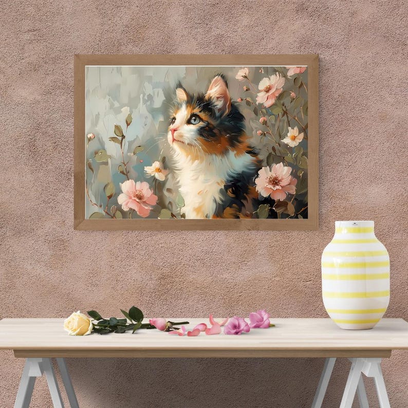 Adorable Cat Oil Painting - Digital Wall Art, Cute Feline Artwork for Home Decor