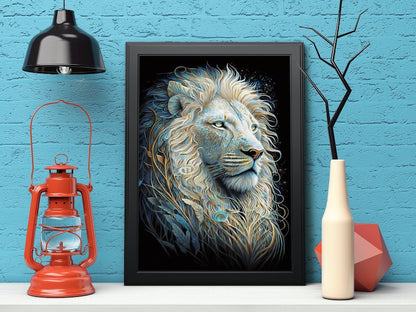 White Lion Digital Art Print – AI-Generated High-Resolution Wall Art for Home Decor