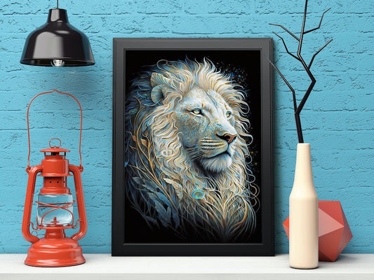 White Lion Digital Art Print – AI-Generated High-Resolution Wall Art for Home Decor