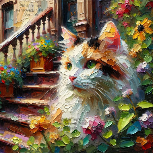 Calico Cat Oil Painting - Digital Artwork, Cute Feline Wall Art & Wallpaper