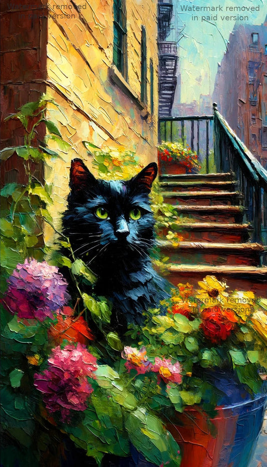 Black Cat on Stairwell - 300 DPI Digital Oil Painting, Feline Wall Art